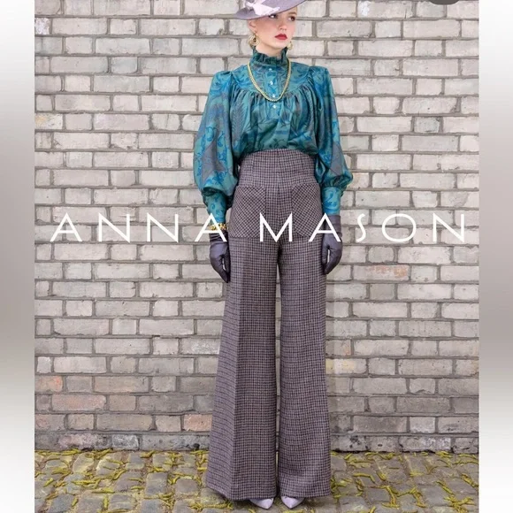Anna Mason London Beau Trouser Wide Leg Pants Wool Tweed Plaid Check Brown Sz 4